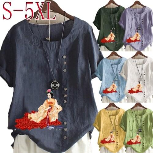 Womens Fashion Round Neck Short Sleeve Casual Blouse Classic Beauty Printed Shirts Tops Plus Size Summer Ladies T-shirt