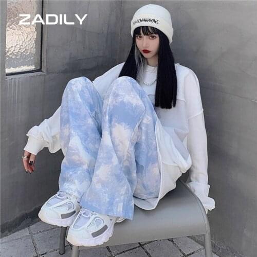 ZADILY Street Sytle Loose Tie Dye Print Women Long pants Y2K Elastic Waist Wide Leg Pant 2021 Summer Harajuku Female Trousers