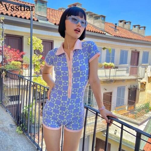Vsstiar Summer Print Playsuits Women Short Sleeve Collar Cute Y2K Rompers 2021 Streetwear Vintage Button Bodycon Bodysuits