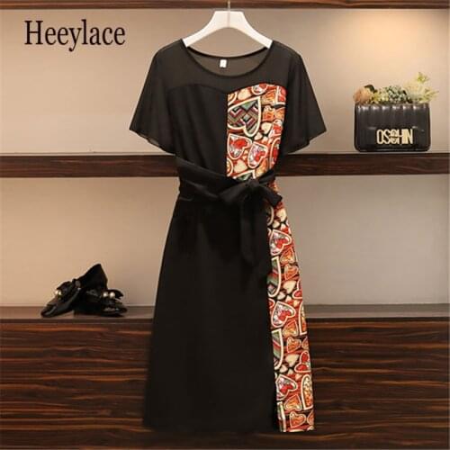 Dress Women Plus Size Summer 2021 New Vintage Round Collar Short Slleeves Print Stitching Elegant Female Net Yarn Midi Dresses