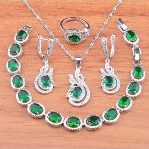 2020 New Silver Plated Elegant Women Costume With Natural Stones CZ Green Jewelry Sets Dangle Earrings And Bracelet Sets JS0719