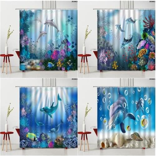 3D Dolphin Shower Curtains Coral Tropical Fish Ocean Animal Underwater Scenery Bathroom Decor Polyester Bath Curtain With Hooks