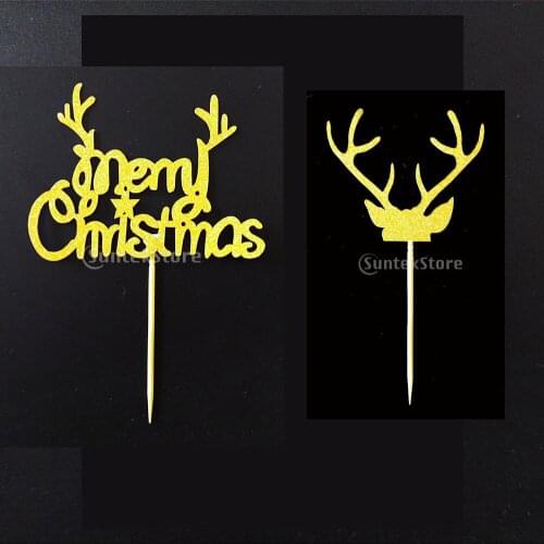 40/set Glitter Gold Merry Christmas & Elk Antlers Cake Topper Cupcake Picks Ornaments