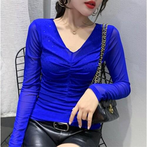 #5812 Black Red Red Mesh T Shirt Women V Neck Thin Sexy Long Sleeve Women Casual Tee Shirts Femme Stretch Basic T Shirt For Girl
