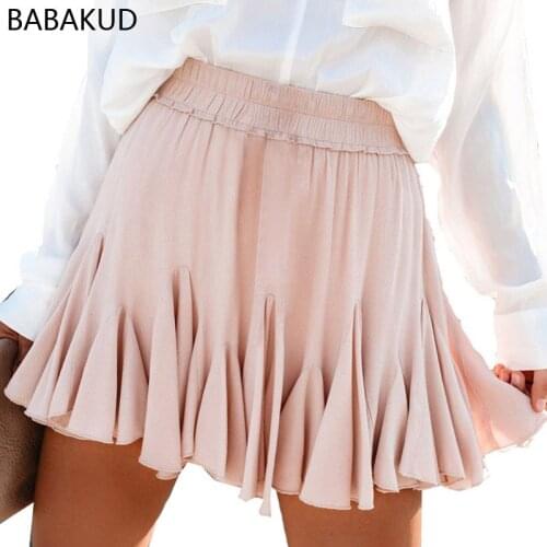 BABAKUD Summer Solid Color Black Elastic High Waist Skirt Plus Size A-Line Pleated Mini Skirt Holiday Beach Skirt For Women