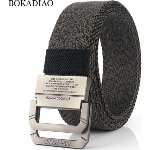 BOKADIAO Canvas belt luxury Double Ring Metal buckle Waistband jeans belts for Men Nylon Military Army tactical belts male strap