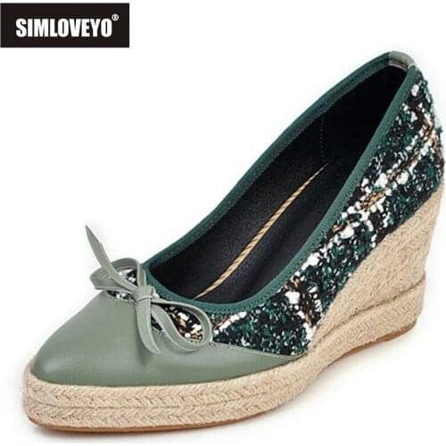 SIMLOVEYO 2021 Espadrilles Patchwork Pumps Bowtie Cloth Cover Heel Slip On Rattan Wedges Pointed Toe 8cm Size 32-44 Green A4177