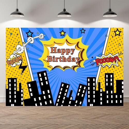 Seekpro Photography Background Super Hero City Cartoon Boom Cloud kids Happy Birthday Party Baby Shower Backdrop Photo Photocall