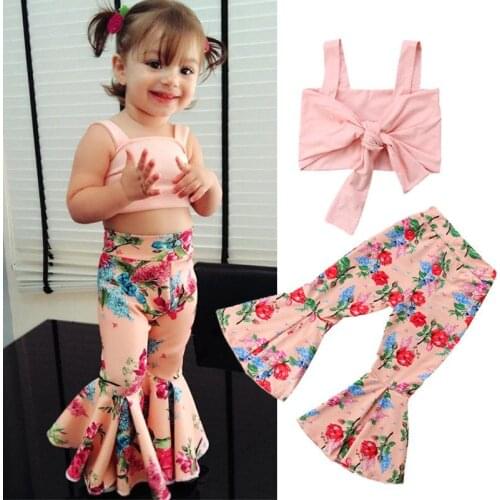 Kids Baby Girls clothes Set off shoulder strap solid sleeveless Top Flower print Pants 2pc cotton casual Toddler newborn Outfits