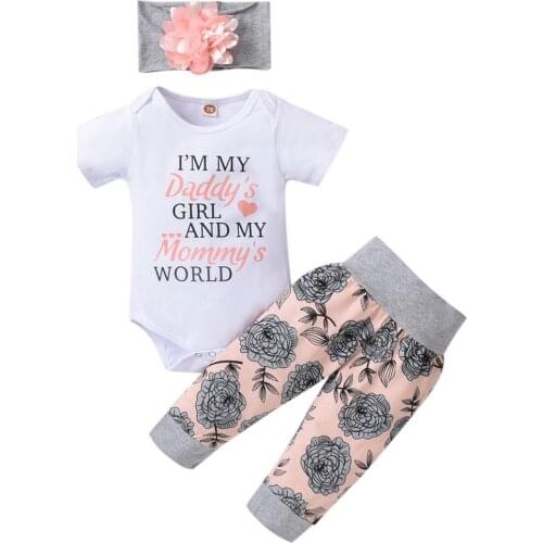 3Pcs Baby Girl Outfit Set Newborn Baby Toddler Girls Short Sleeve Letter Print Bodysuit Flowers Pants Headband Summer Romper D30