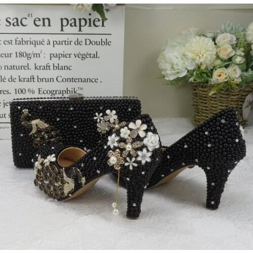 BaoYaFang Black pearl beads Womens wedding shoes and bags set woman party dress shoes fashion peacock female shoes high Pumps