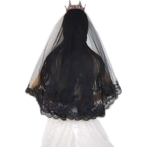 Beautiful Black Bridal Veil Elegant Lace Bride Wedding Veil Gauze Cheap Bride Veil for Engagement Wedding Marriage Accessories