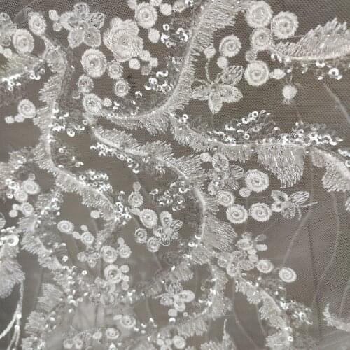 Beaded lace Sequins bridal lace fabric tulle lace 135cm lace fabric fashion wedding dress ivory fabric 1 yard