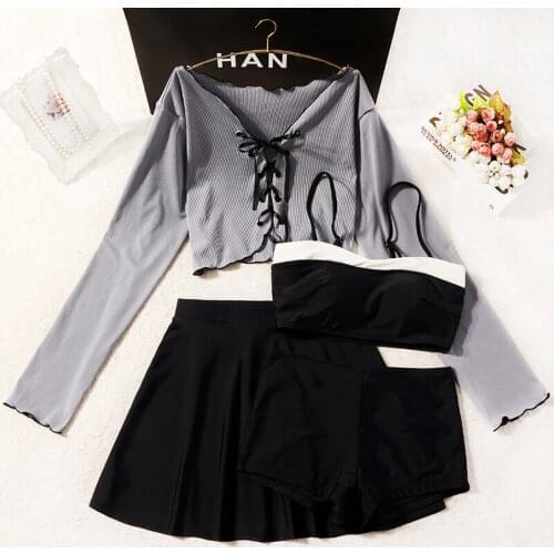 2021 Cute Girls Swimwear Bikini Set with Long Sleeve Tops Swimming Beach Wear Women Sexy Swimsuit Biquini Ladies Bathing Suits