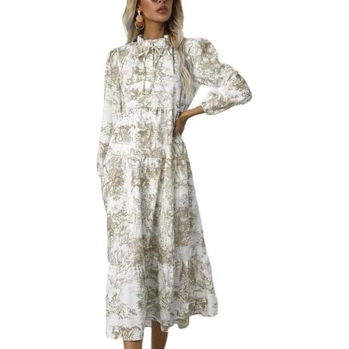 2021 New Autumn Dress European And American Womens Round Neck Printing Loose Nine-Point Sleeve Dress