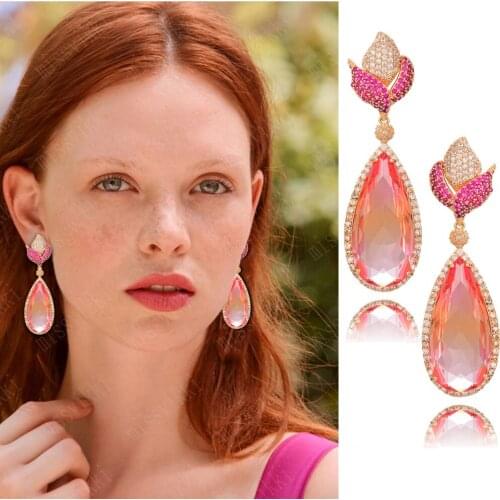New Arrival Pink Water Drop Dangle Earrings Brincos Bride Jewelry AAA Cubic Zirocn Pendant Crystal Earring Wholesale earings