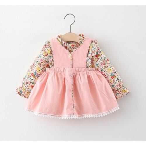 Baby Girl Clothes Spring And Autumn 2021 New Long-sleeved Small Floral Blouse + Solid Color Suspender Skirt Two-piece Suit