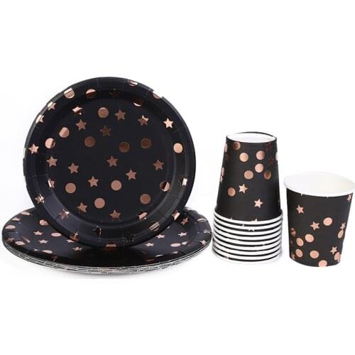 60pcs/lot Bronzing black party rose gold star disposable paper plates paper cup for 20 people party disposable tableware