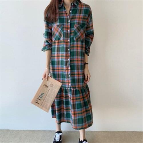 Autumn Plaid Cotton Long Dress Women 2020 Loose Casual Lady Dress Singe-breasted New Chic Retro Vestidos Long Sleeve Romper