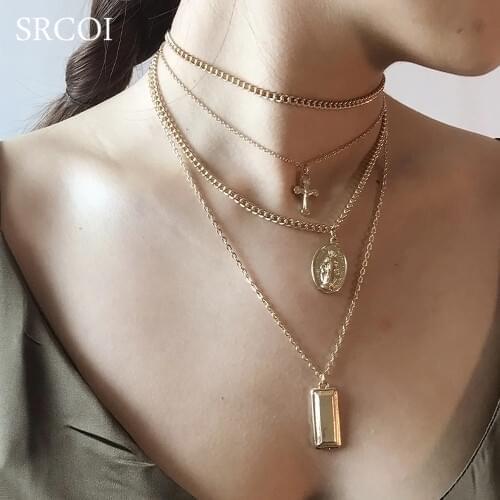 SRCOI Bohemia Gold Color Cross Layered Necklace Jesus Virgin Mary Chain Pendant Necklace Easter Days Gift For Women Jewelry