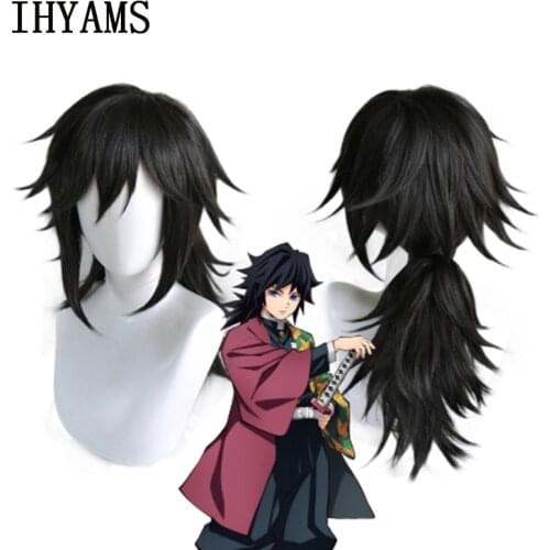 Demon Slayer Kimetsu no Yaiba Tomioka Giyuu Black Wig Cosplay Costume Heat Resistant Synthetic Hair Wigs + Free Wig Cap