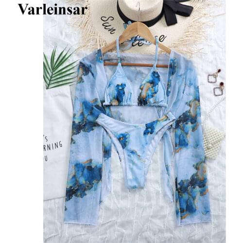 Sexy Long Sleeve Tie Dye Bikini Female Swimsuit Women Swimwear Three-pieces Bikini set Halter Bather Bathing Suit Swim V2873B