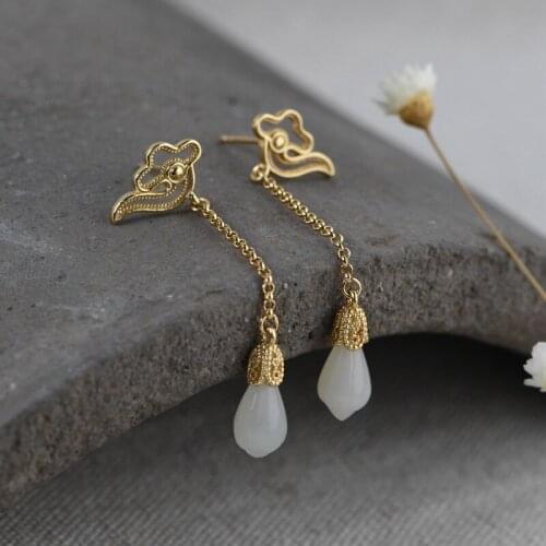 FNJ Flower Jade Earrings 925 Silver Original Pure S925 Sterling Silver Stud Earring for Women Jewelry Gold-color