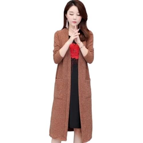 2021 spring and autumn womens long over-the-knee long-sleeved jacket all-match plus size knitted cardigan women