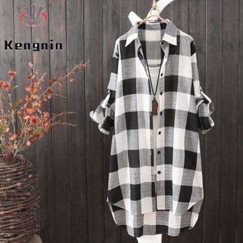 2021 Summer Sunshirts Womens Shirts Plus Size 3XL Loose Ladies Long Blouse Plaid Long Sleeve Casual Blause Female Tops KN177