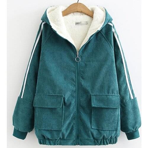 Winter Warm Fur Corduroy Jacket Women Bomber Jacket Green Denim Jacket Female Coat with Warm Lining & Front Button Flat Pockets