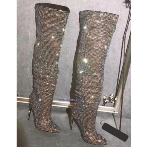 Women Pointed Toe Rhinestone Knee High Boots Bling Bling Crystal Gladiator Slouch Crystal-Embellished Leather Knee Booties
