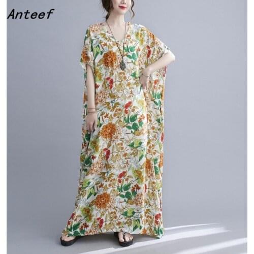 Short sleeve cotton satin vintage floral dresses for women casual loose maxi long woman summer beach dress elegant clothes 2021