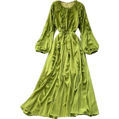 2020 New High-end Vintage Ruffles Dress Women O-neck Long Sleeve High Waist A-Line Chiffon Dress Female Elegant Long Party Dress