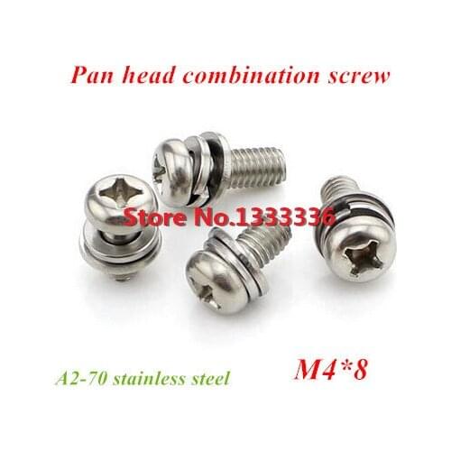 100pcs/lot M4*8 Phillips Pan Head Combination Screw Three Combined Bolt with Flat/ Spring Washer 304 Stainless Steel Bolts