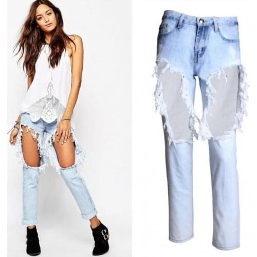 2021 Summer Fashion Street Versatile King Retro Light High Waist Knee Big Hole Loose Denim Jeans Straight Pants