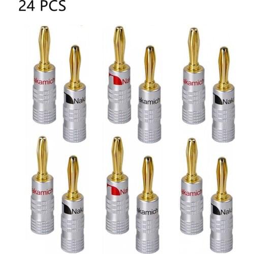24pcs/12pair Nakamichi Banana Plug Straight Pre Amplifier 24K Gold Plated 4MM Connector Screw Lock Audio Jack Speaker Black Red