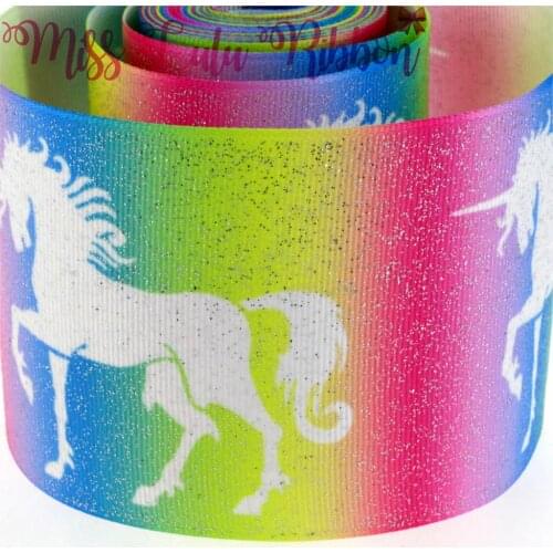 3"75mm Full Silver Glitter Cartoon Pattern Rainbow Stripes Printed Grosgrain Ribbon DIY Party Decor Hair Band Making 5yards/roll