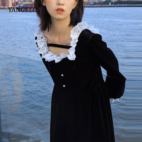Velvet Spring Autumn Girls Vintage Long Sleeve Dress Preppy Style Square Collar Sexy Black Dress for Party Lace Fashion Clothes