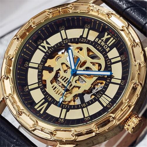Fashion Skull Watches Men Skeleton Watches Sewor Luxury Automatic Mechanical Watch Leather Band Mens Watches reloj hombre