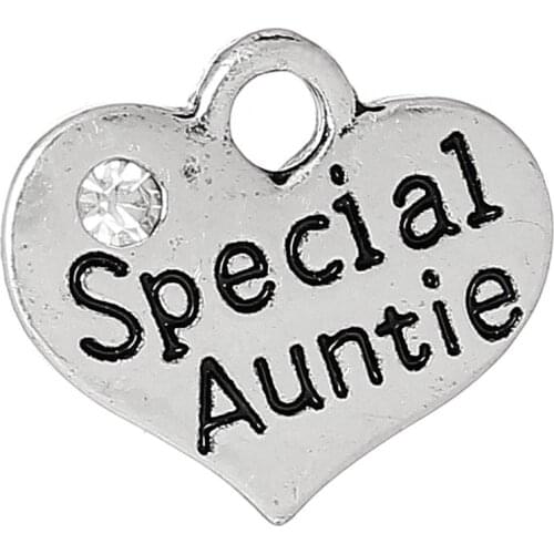 DoreenBeads Charm Pendants Heart Silver color Message Pattern"Special Auntie"Carved Clear Rhinestone 16mm x 14mm,20 PCs