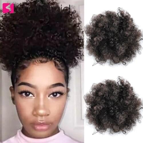 SAMBRAID Kinky Hair Bun Synthetic Clip in Hair Extensions Short Ponytail Fluffy Afro Short Hair Buns Curly Chignon