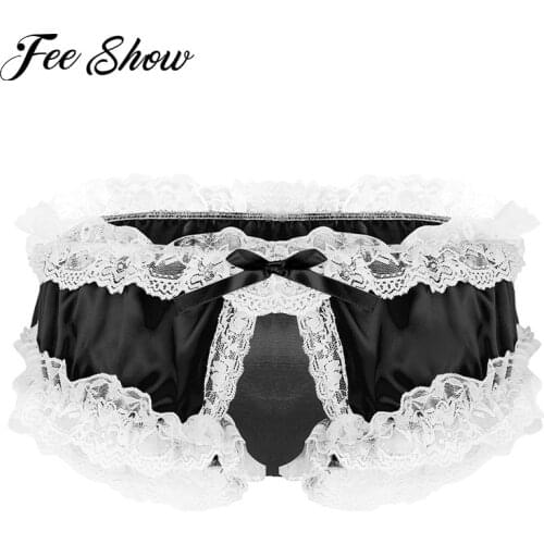 Mens Sexy Underwear Crotchless Satin Frilly Panties Sissy Lingerie Shiny Soft Fabric Ruffled Lace Ruffled Sissy Briefs Underwear