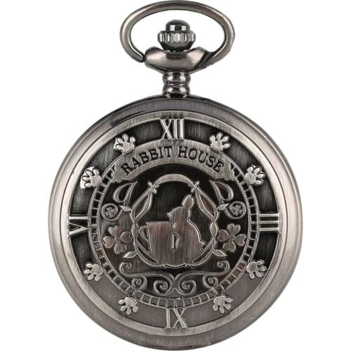 New Retro Grey Alice in Wonderland Theme Rabbit House Display Quartz Pocket Watch Vintage Necklace Pendant Watch Chain Men Gifts