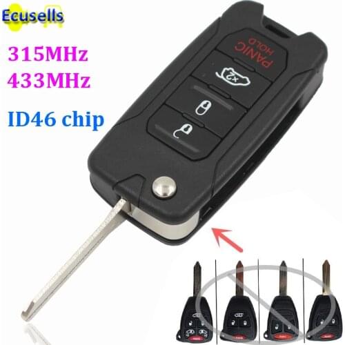 New Modified Uncut Flip Remote Key Fob 3+1 Button 315mhz 433Mhz with ID46 chip for Dodge for Chrysler for Jeep FCC OHT
