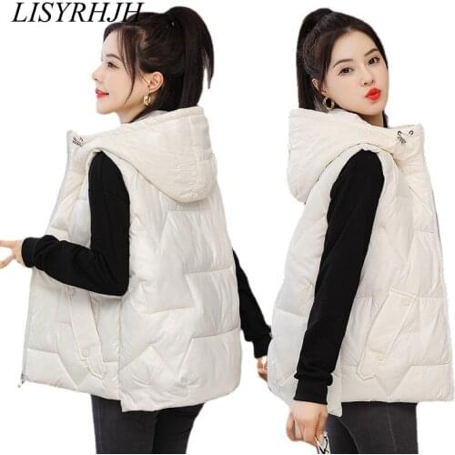 LISYRHJH Autumn Winter Womens Solid Loose Vest Glossy Stand Collar Short Vest Jacket Cotton Padded Womens Warm Waistcoat