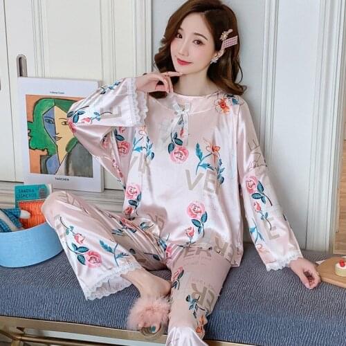 2020 Autumn Long Sleeve Silk Satin Pajama Sets for Women Cute Lace Bow Sleepwear Suit Pyjamas Homewear Pijama Mujer Home Clothes