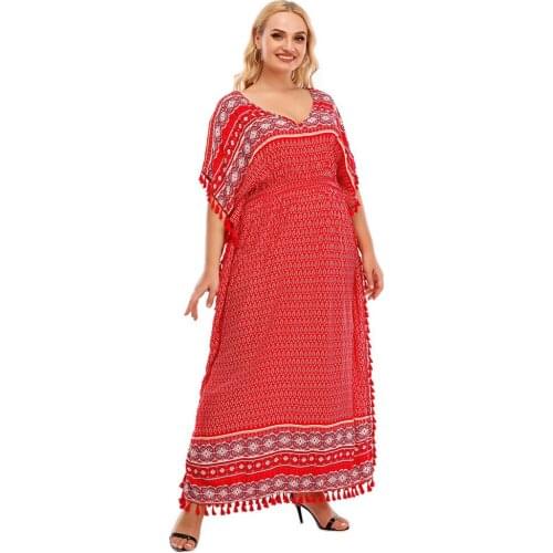 Summer Women Printed Long Dress V-neck Abaya Short Sleeve Caftan Maxi Robe Bohemian Casual Loose Islamic Clothing V-neck Vestido