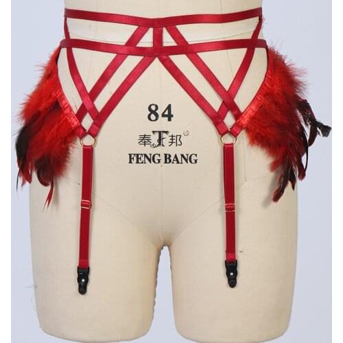 Punk Goth Feather Garter Belt Women Pole Dance Body Cage Bondage Stockings Body Harness Red Sexy Lingerie Leg Garters