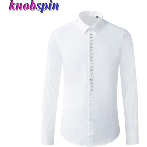 Luxury Rivets design Shirt Men Solid color Slim Long sleeve Chemise homme Brand quality 100% Cotton Business male dress Shirts