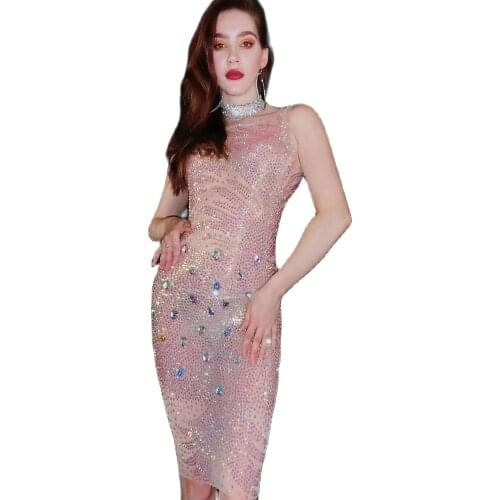 Luxurious Rhinestone Evening Dress Perspective Bodycon Dress Women Sexy Prom Party Birthday Outfits Singer Show Catwalk Dress